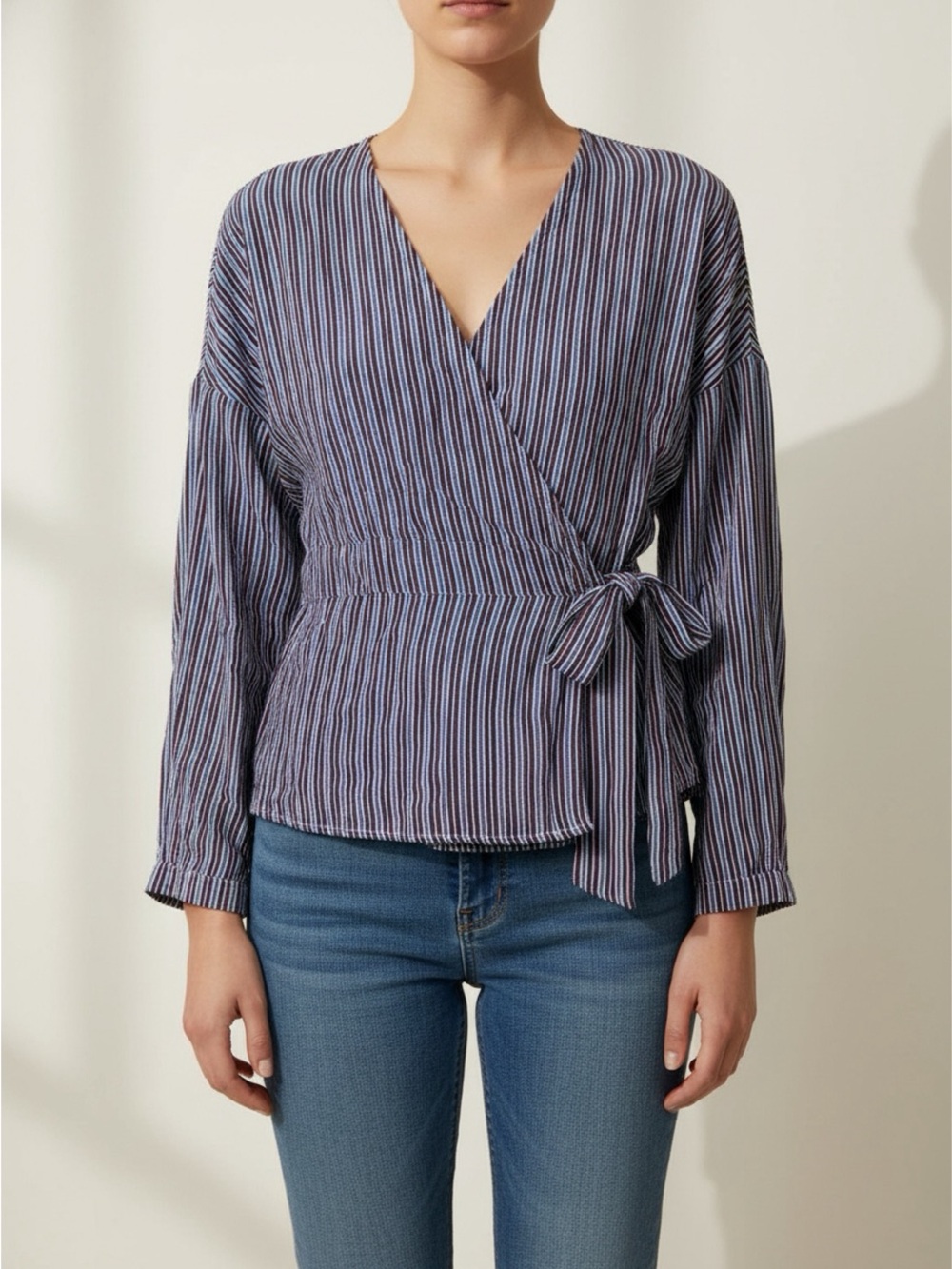 Striped Wrap Blouse in Navy and White